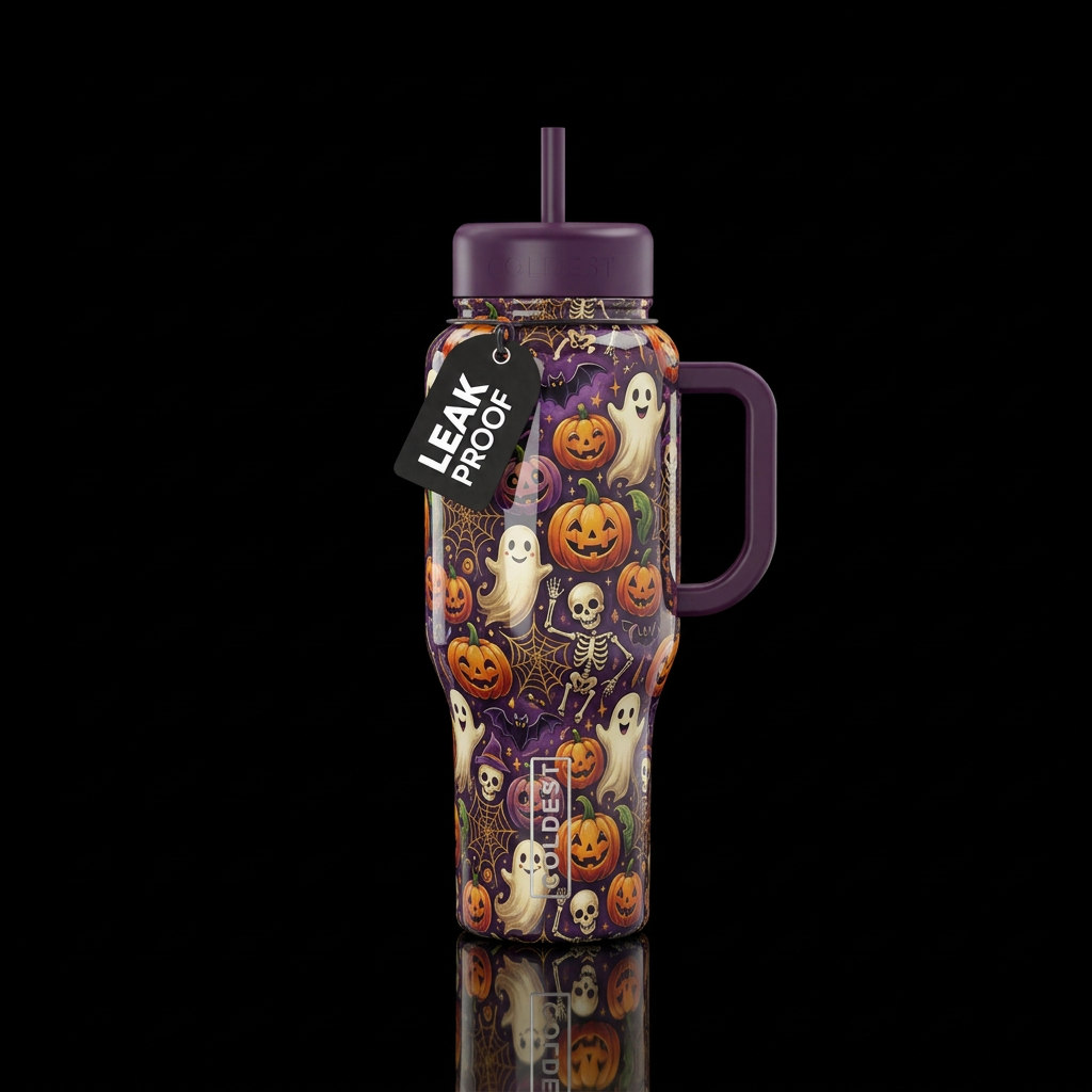 Glossy; trompe-l'œil, whimsy Halloween water bottle design
