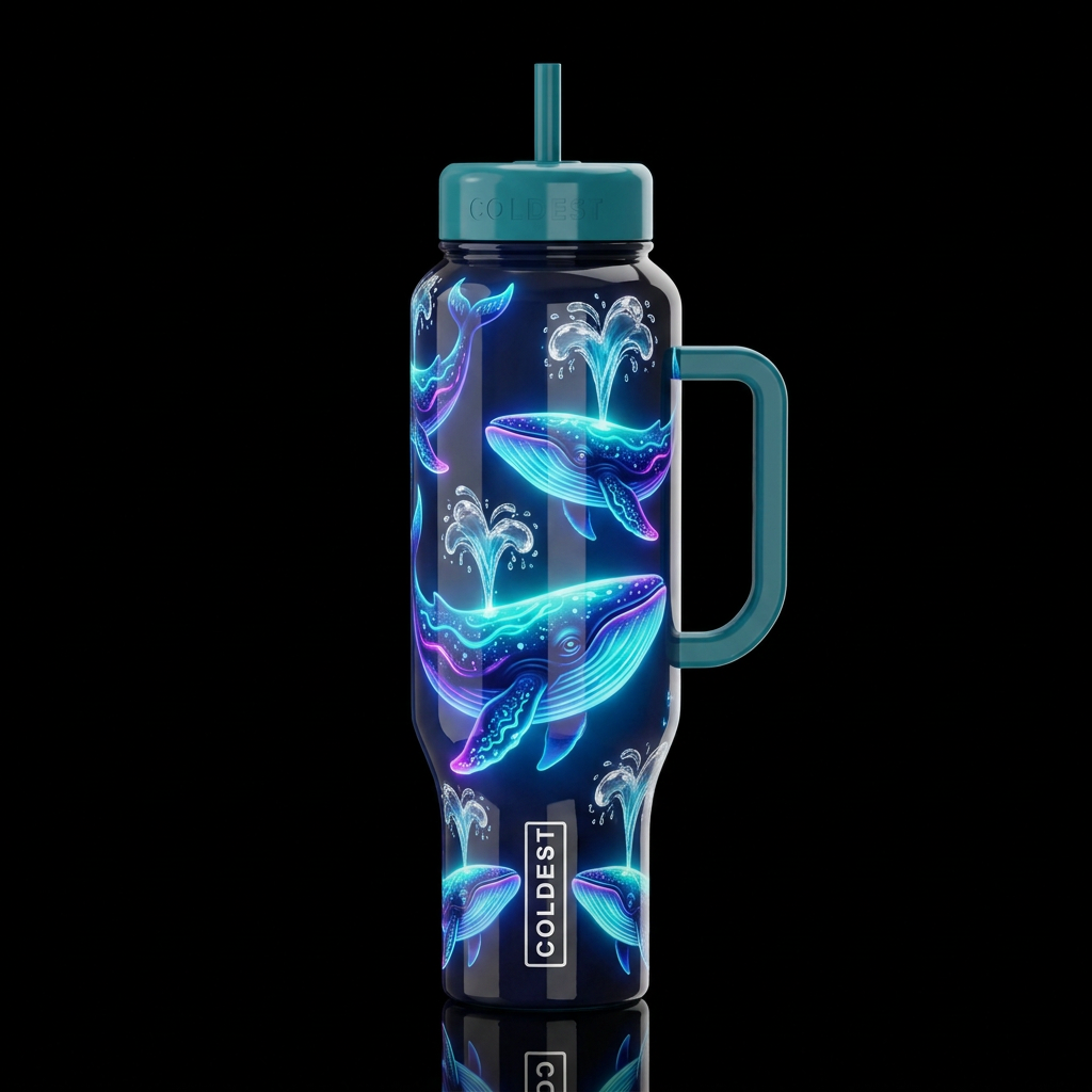 Glowie whales, detailed water spouting, whimsical,... water bottle design