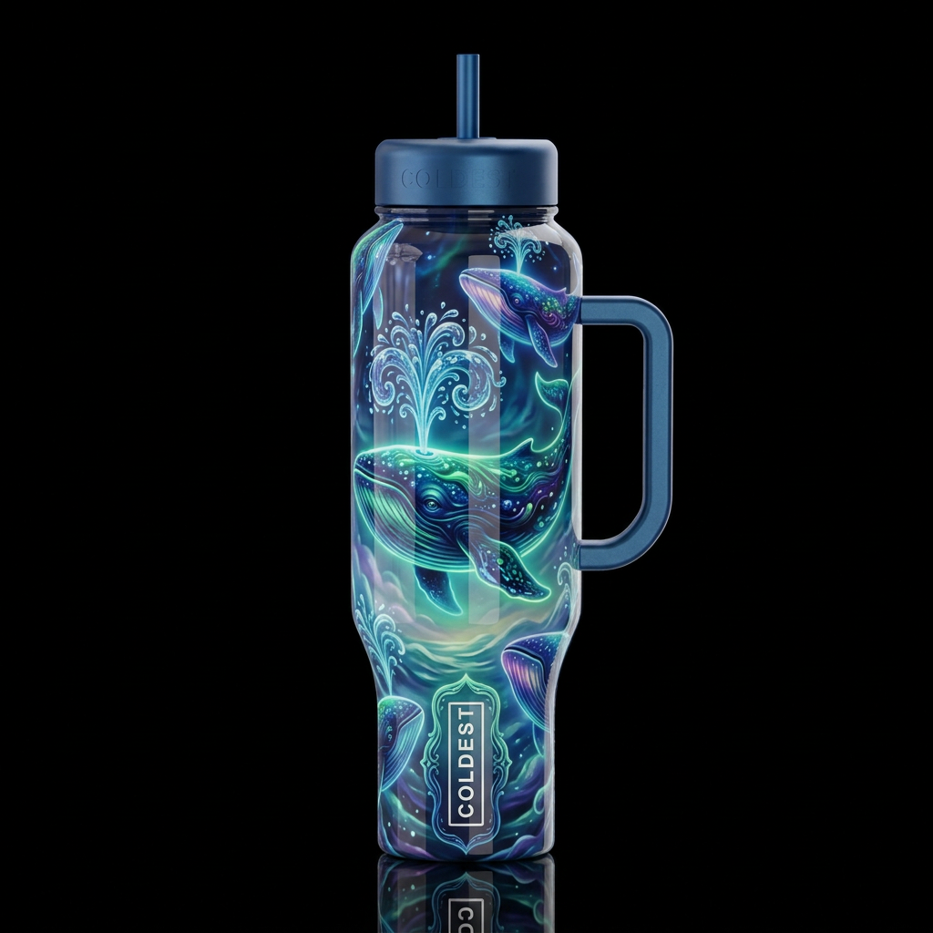 Glowie whales, detailed water spouting, whimsical,... water bottle design