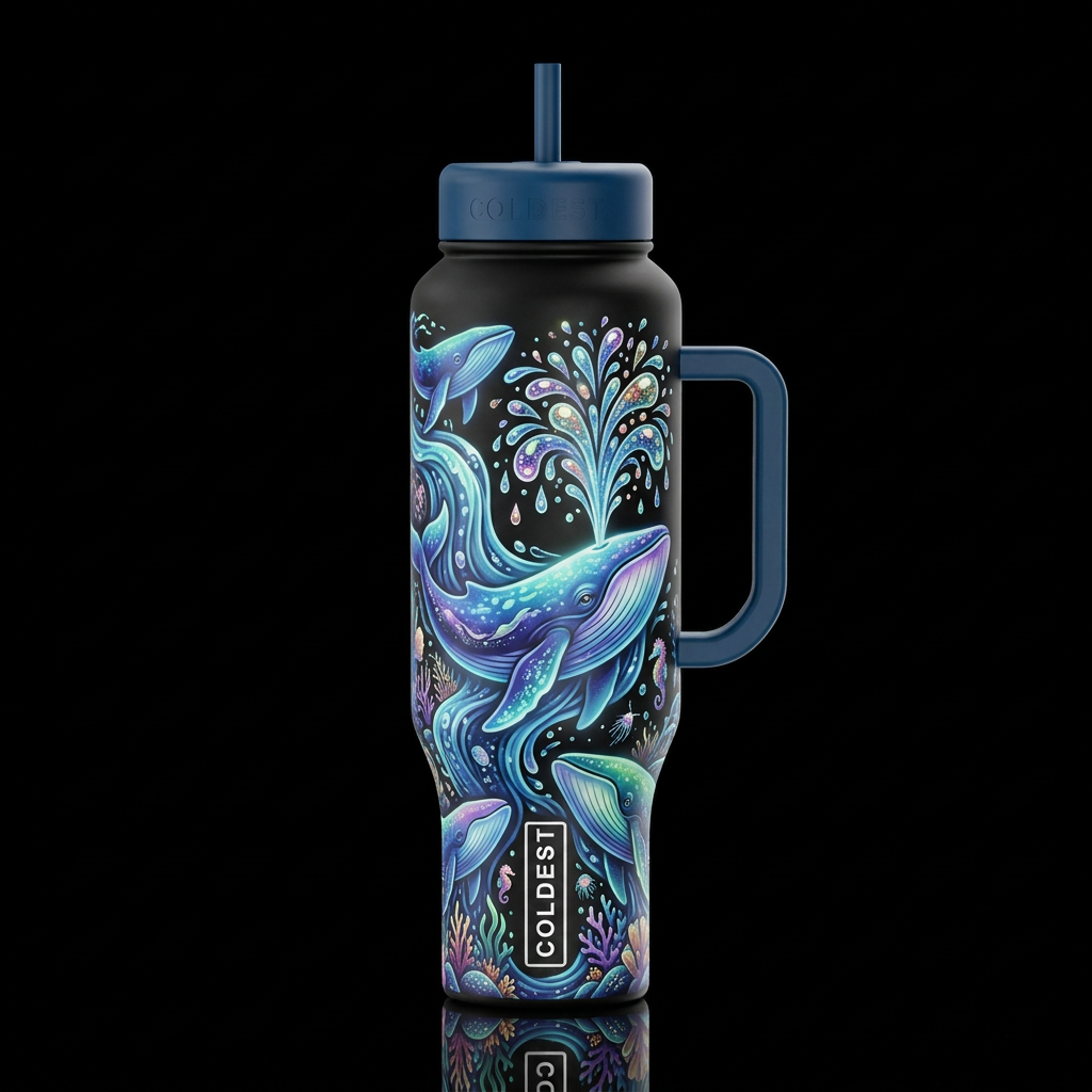 Glowie whales, detailed water spouting, whimsical,... water bottle design