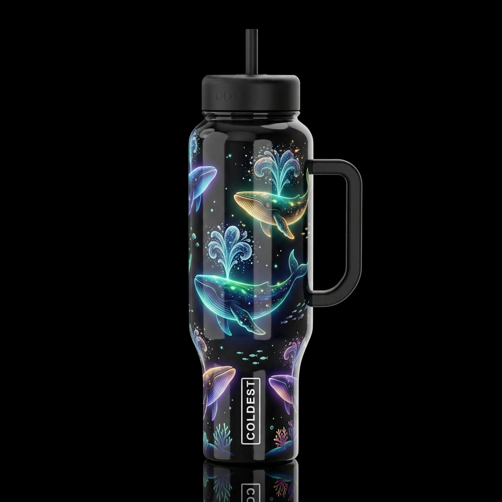 Glowie whales, detailed water spouting, whimsical,... water bottle design