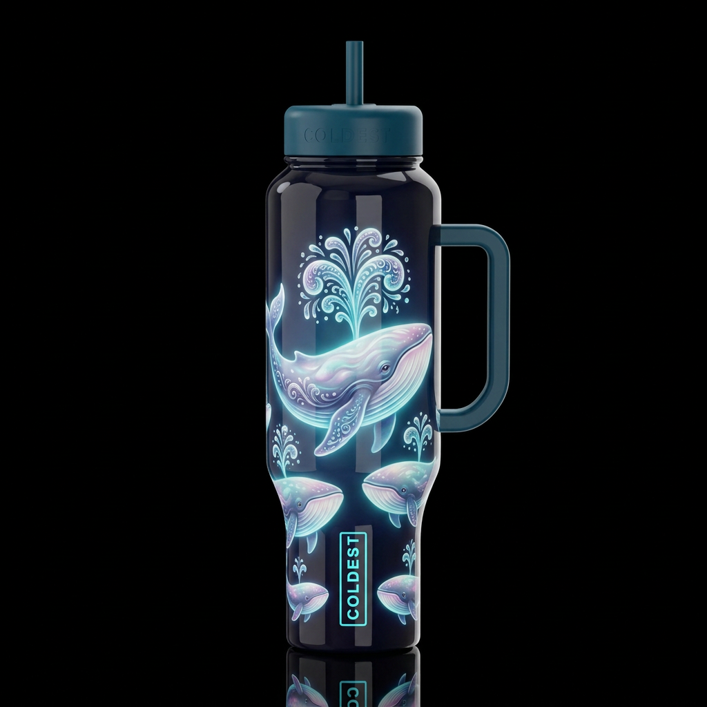 Glowie whales, detailed water spouting, whimsical,... water bottle design