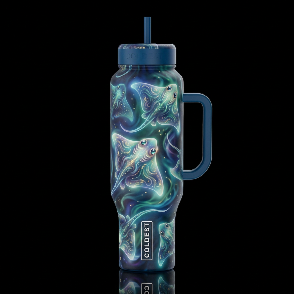 Whimsical stingrays, glossy, glowie, trompe-l'œil,... water bottle design