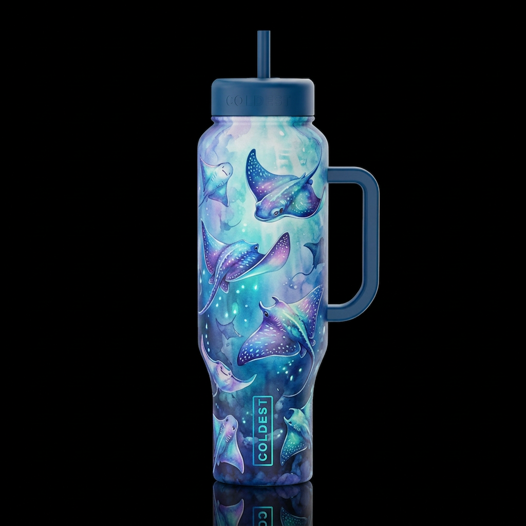 Whimsical beautiferous stingrays,glossy, glowie, t... water bottle design