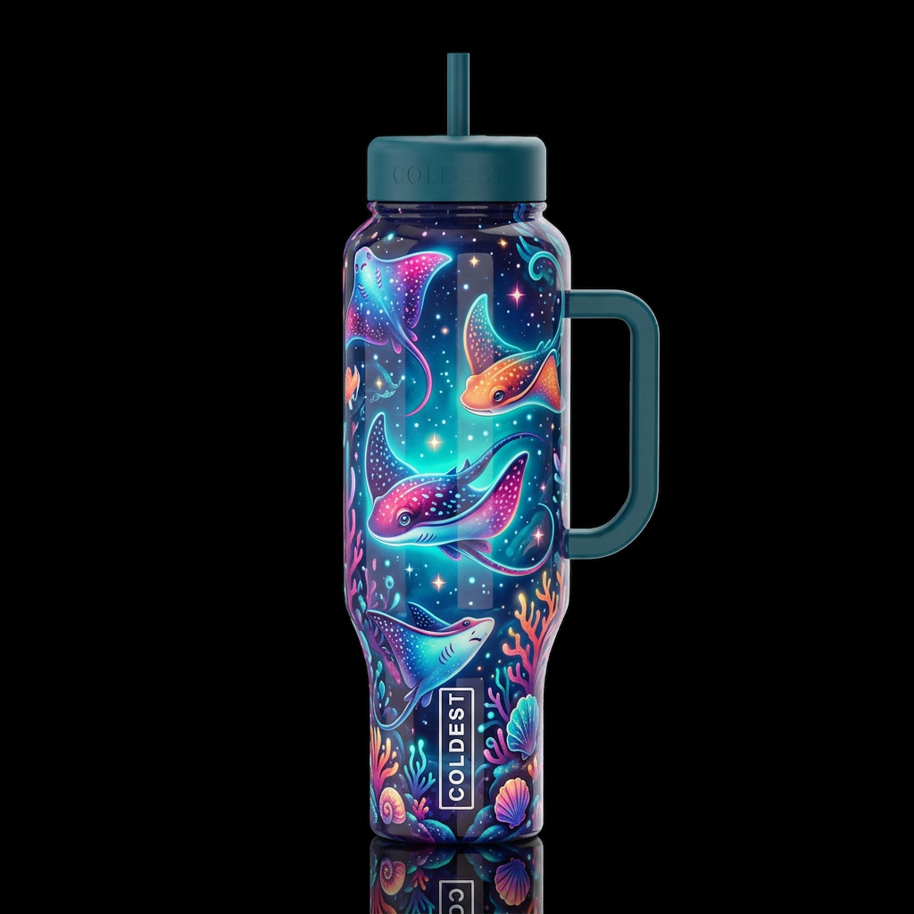 Whimsical beautiferous stingrays,glossy, glowie, t... water bottle design