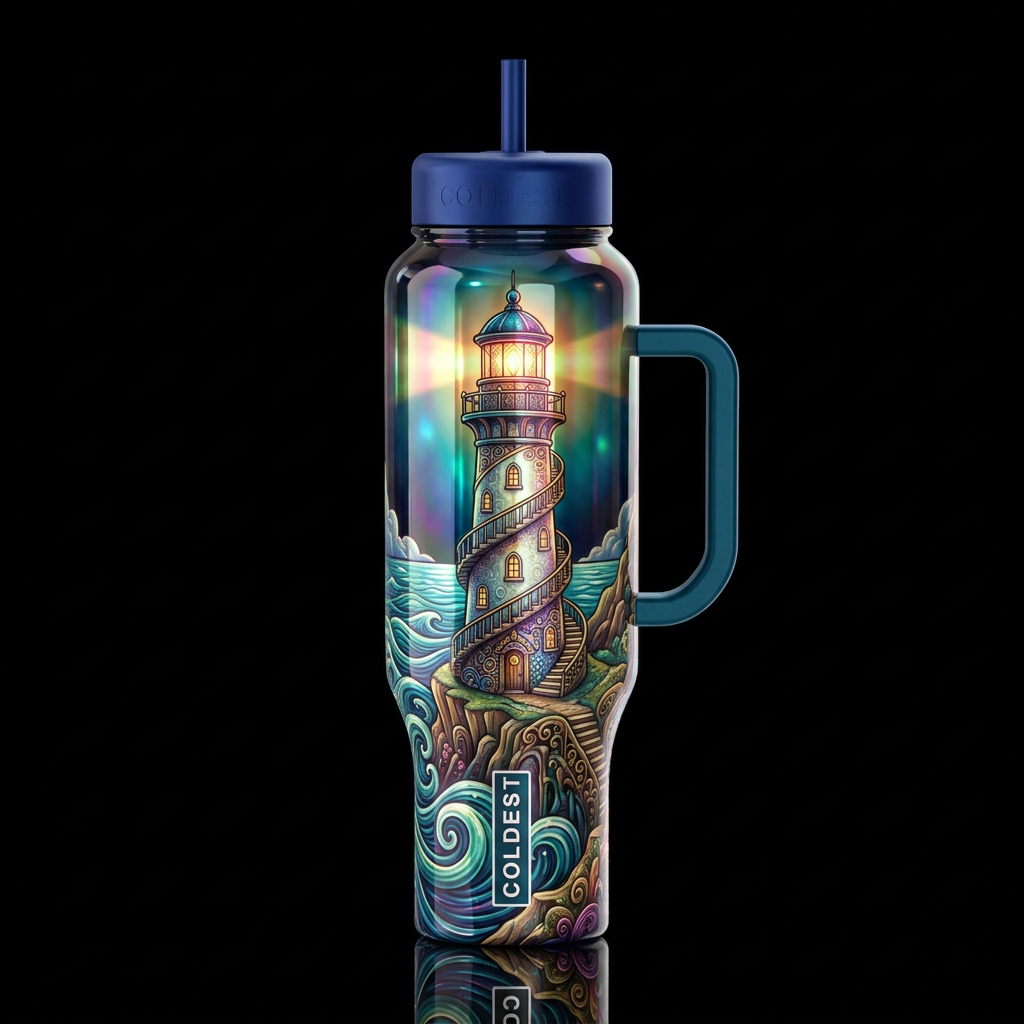 Whimsical beautiferous lighthouse, glossy, glowie,... water bottle design