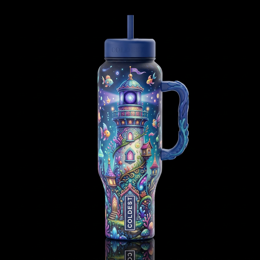 Whimsical beautiferous lighthouse, glossy, glowie,... water bottle design