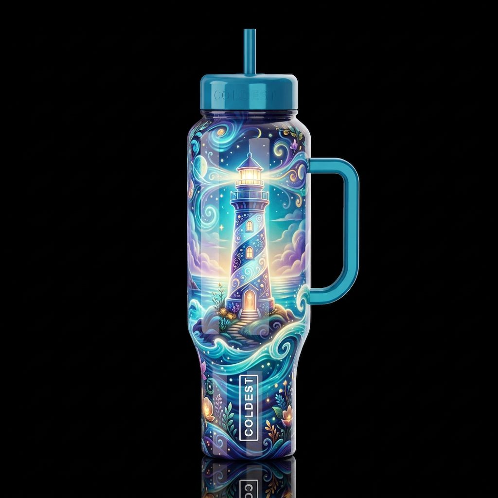 Whimsical beautiferous lighthouse, glossy, glowie,... water bottle design