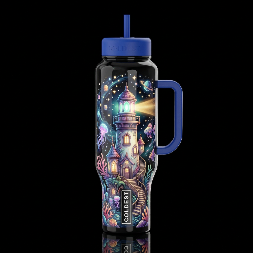 Whimsical beautiferous lighthouse, glossy, glowie,... water bottle design