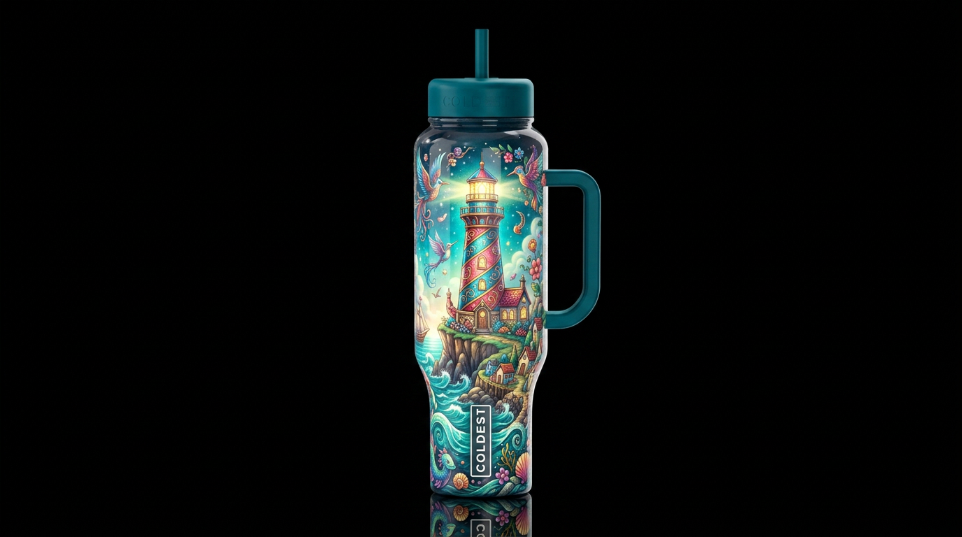 Whimsical beautiferous lighthouse, glossy, glowie,... water bottle design
