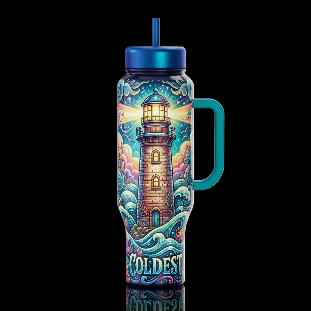 Whimsical beautiferous lighthouse, glossy, glowie,... water bottle design