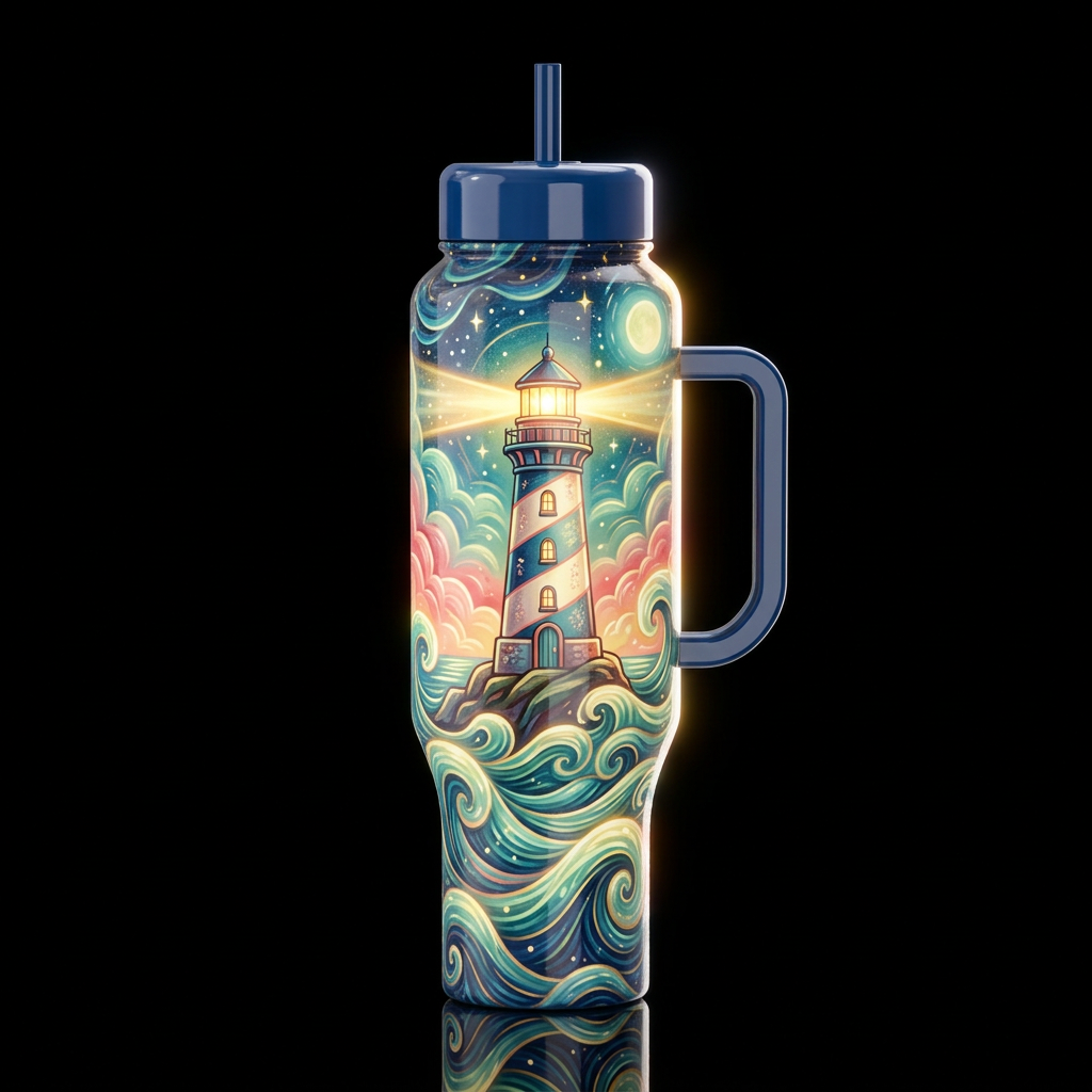 Whimsical beautiferous lighthouse, glossy, glowie,... water bottle design