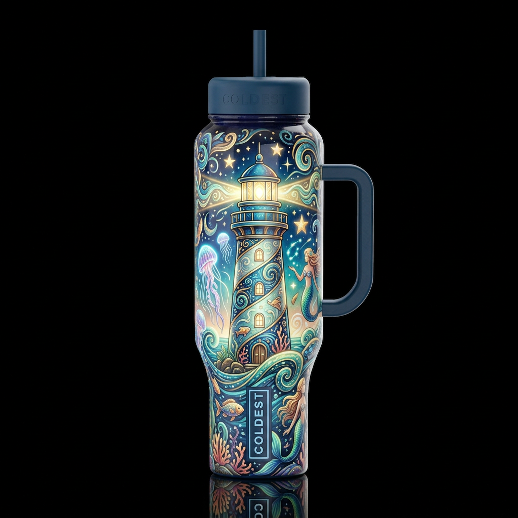 Whimsical beautiferous lighthouse, glossy, glowie,... water bottle design