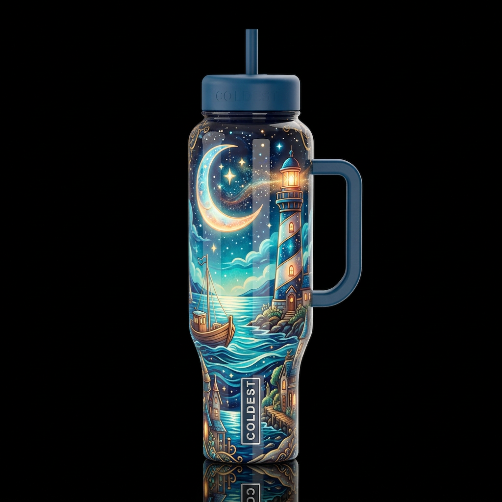 Whimsical beautiferous lighthouse, glossy, glowie,... water bottle design