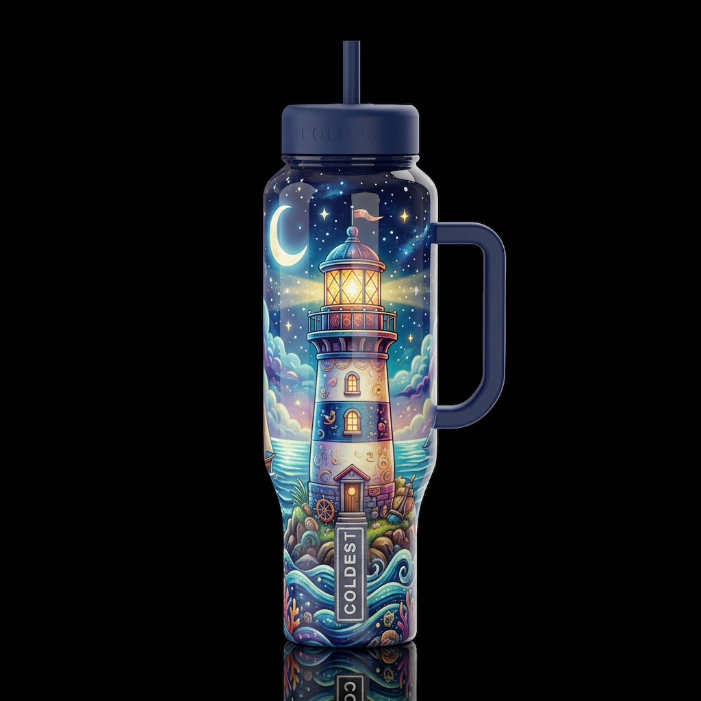 Whimsical beautiferous lighthouse, glossy, glowie,... water bottle design