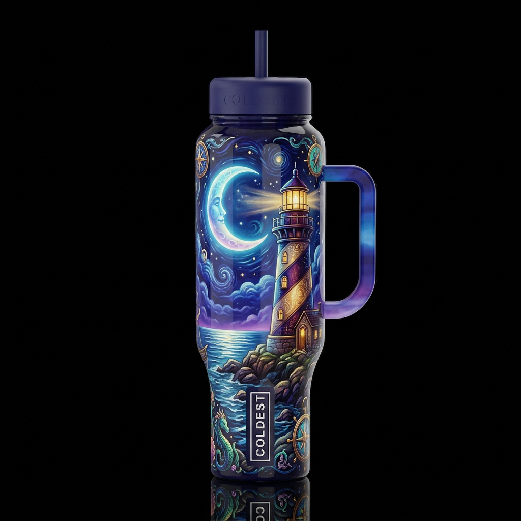 Whimsical beautiferous lighthouse, glossy, glowie,... water bottle design