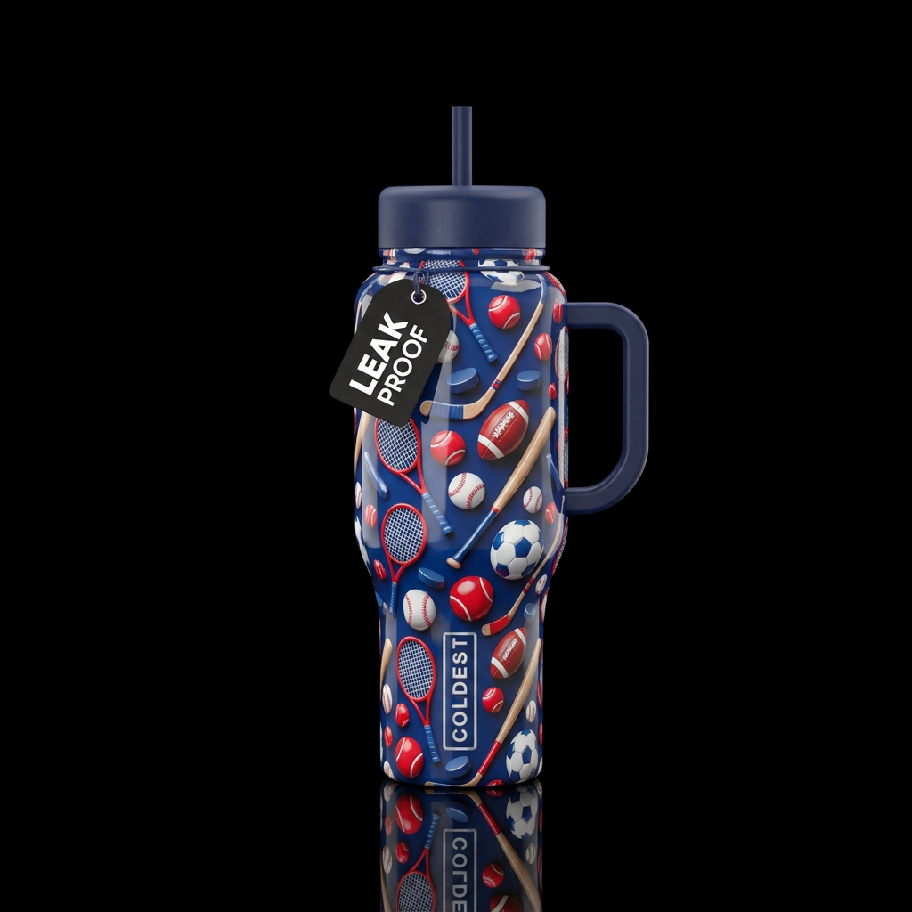 Red white and blue tennis rackets tennis balls hoc... water bottle design