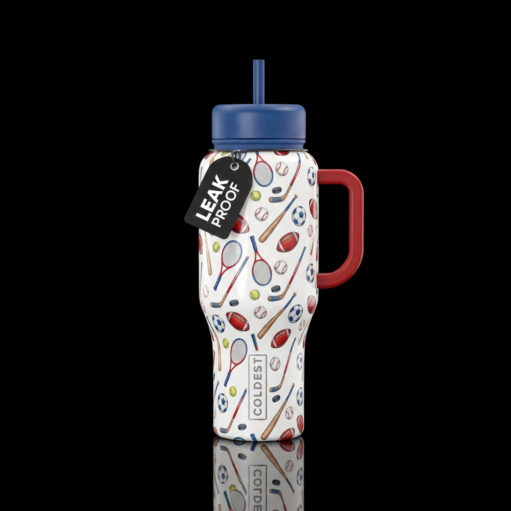 White background, sketch Red white and blue tennis... water bottle design