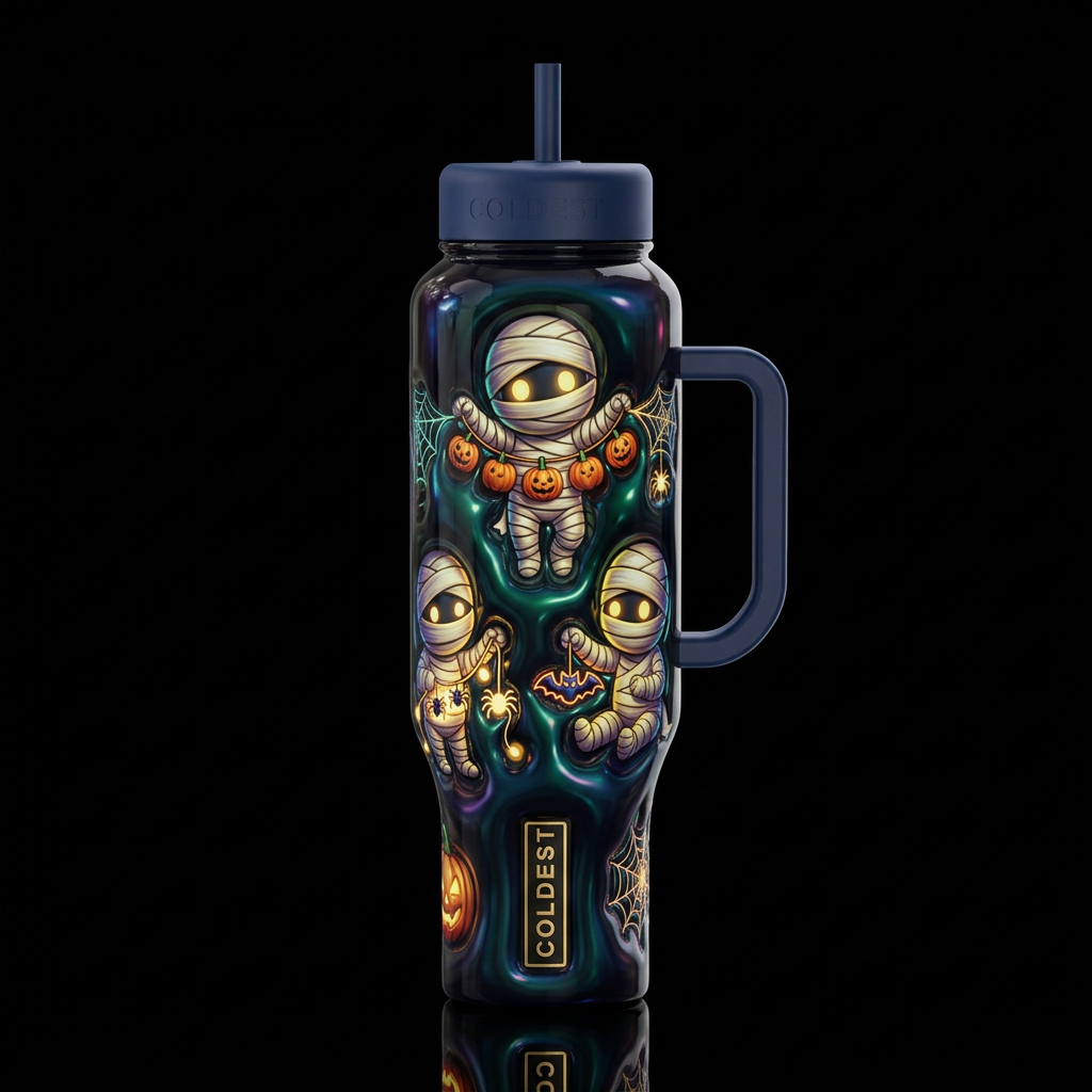 Baby mummies with glowing eyes decorating for Hall... water bottle design