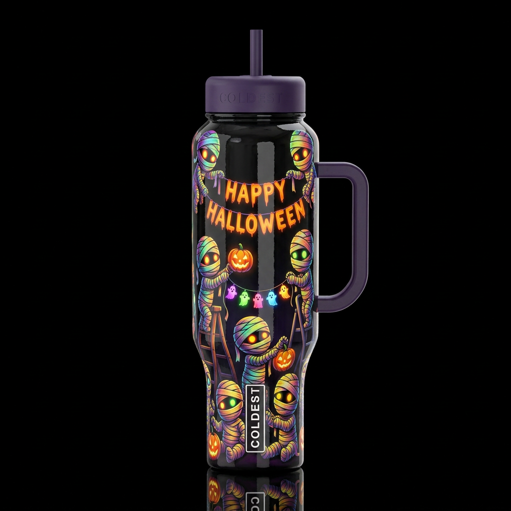 Baby mummies with glowing eyes decorating for Hall... water bottle design