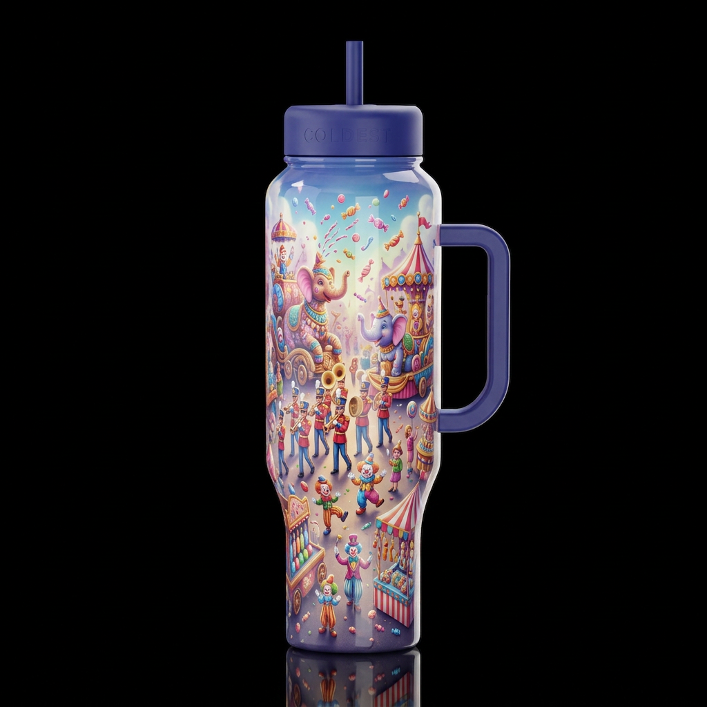 Festival parade with floats and bands, candy throw... water bottle design