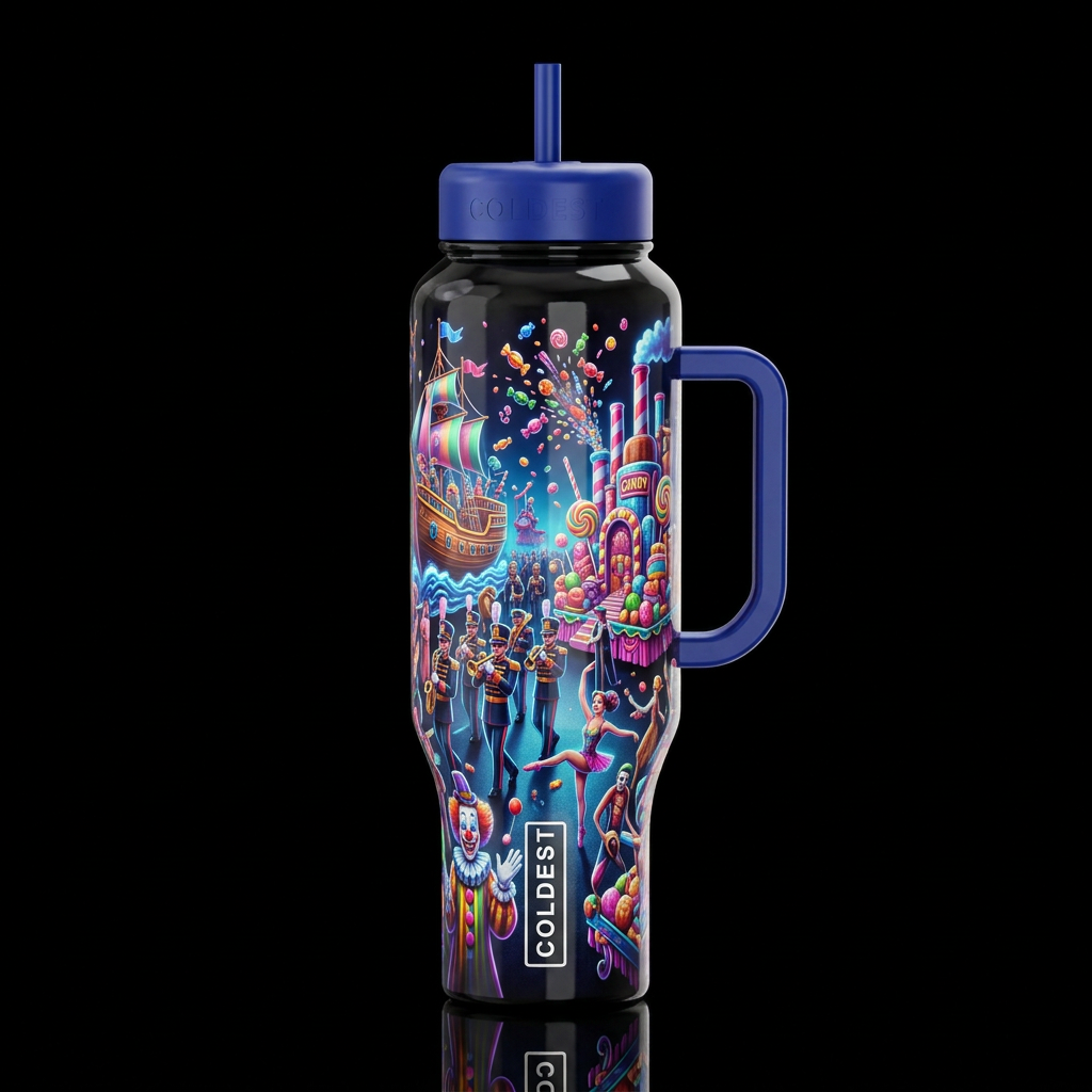 Festival parade with floats and bands, candy throw... water bottle design