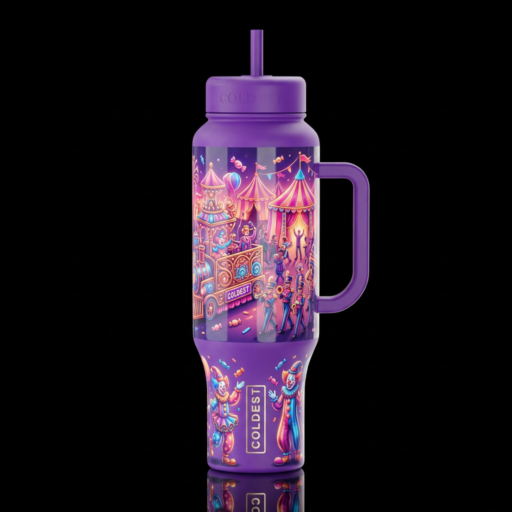 Festival parade with floats and bands, candy throw... water bottle design
