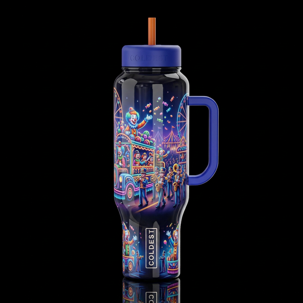 Festival parade with floats and bands, candy throw... water bottle design