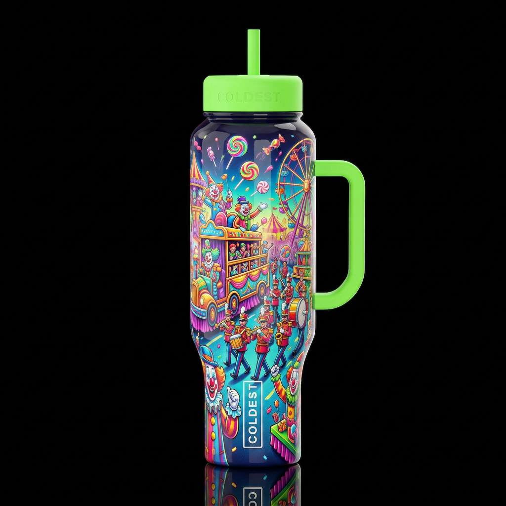 Festival parade with floats and bands, candy throw... water bottle design