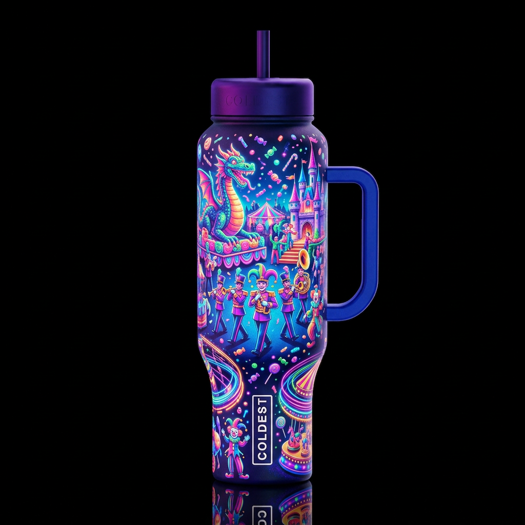 Festival parade with floats and bands, candy throw... water bottle design