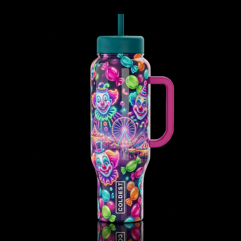 Festival, candy thrown,glossy, clowns,carnival rid... water bottle design