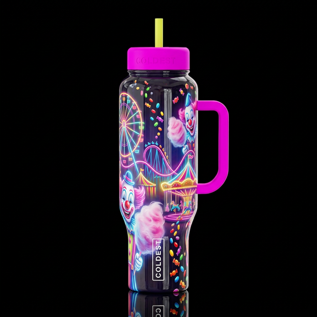 Festival, candy thrown,glossy,cotton candy, clowns... water bottle design