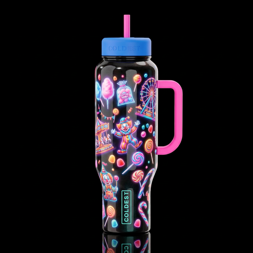 Festival, candy thrown,glossy,cotton candy, clowns... water bottle design