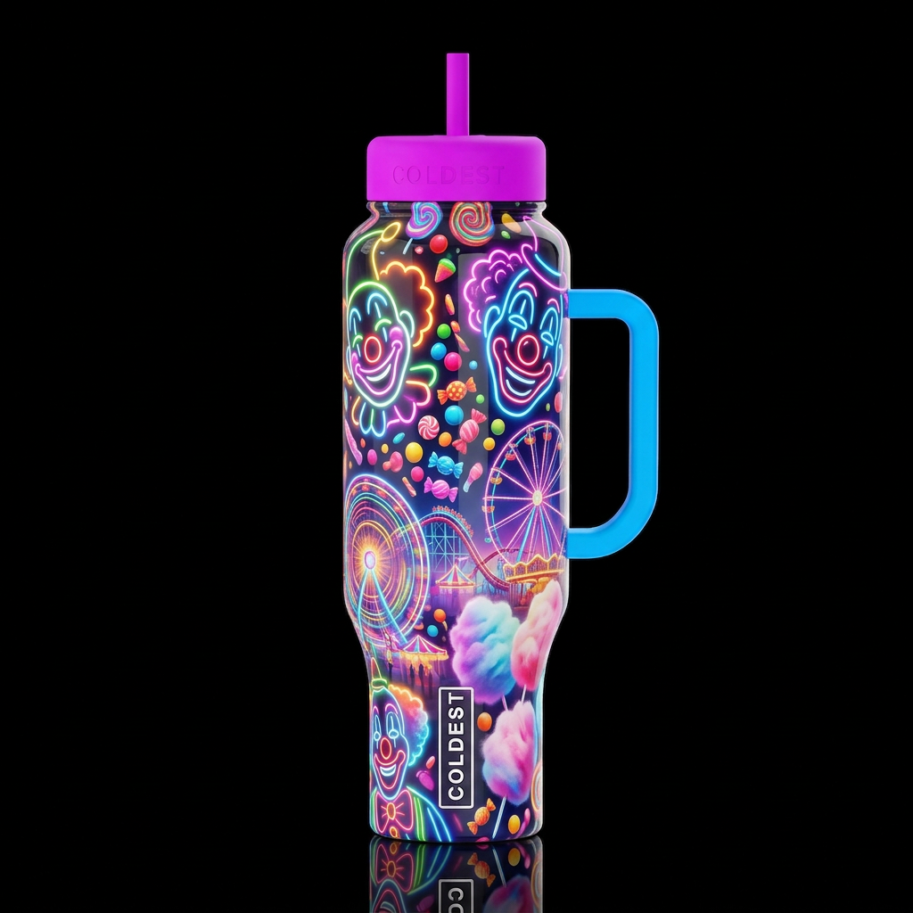 Festival, candy thrown,glossy,cotton candy, clowns... water bottle design