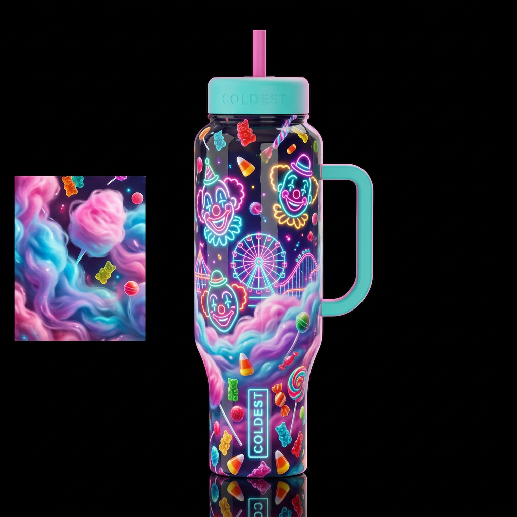 , candy thrown,glossy,cotton candy, clowns faces n... water bottle design
