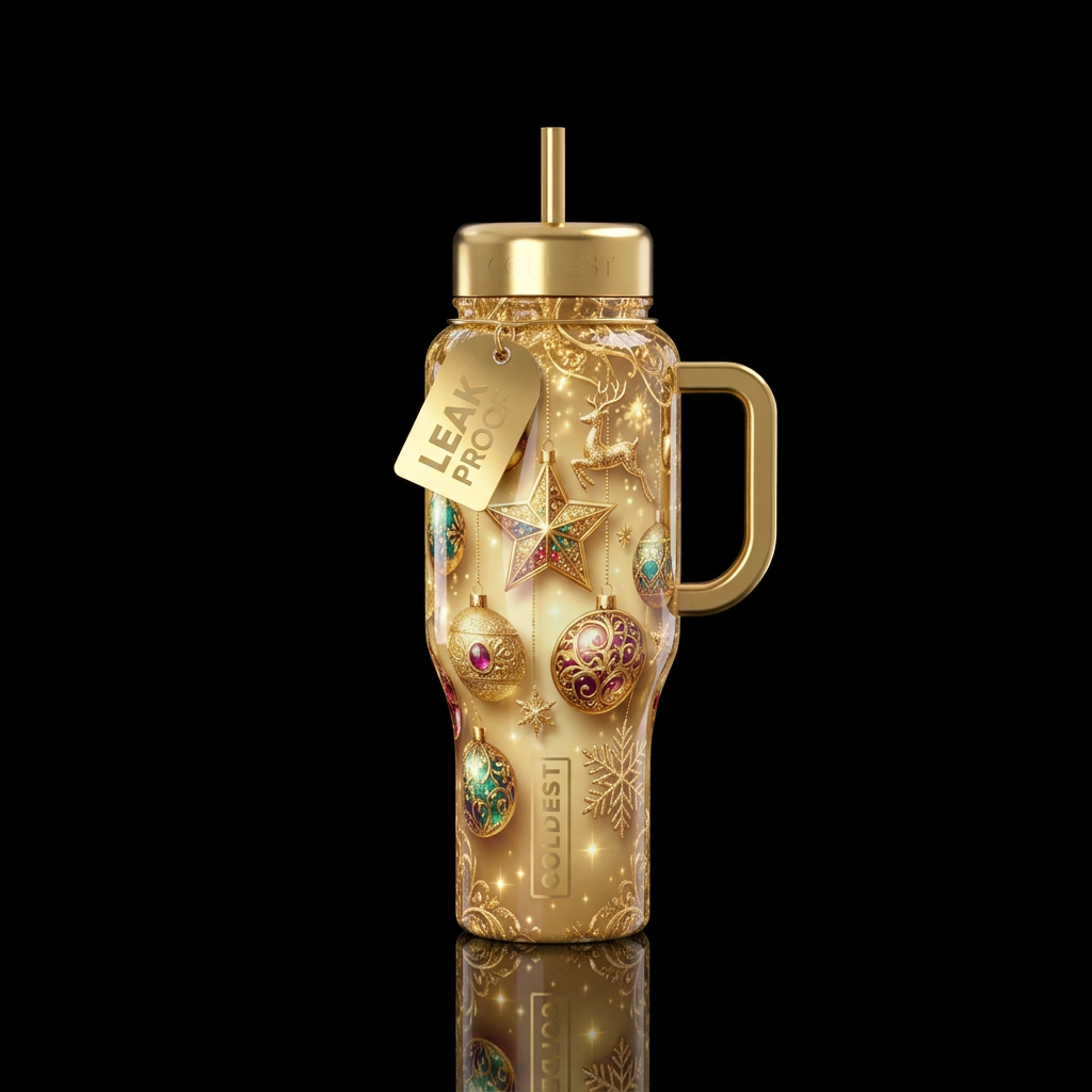A gold Christmas, glossy, trompe-l'œil, beautifero... water bottle design