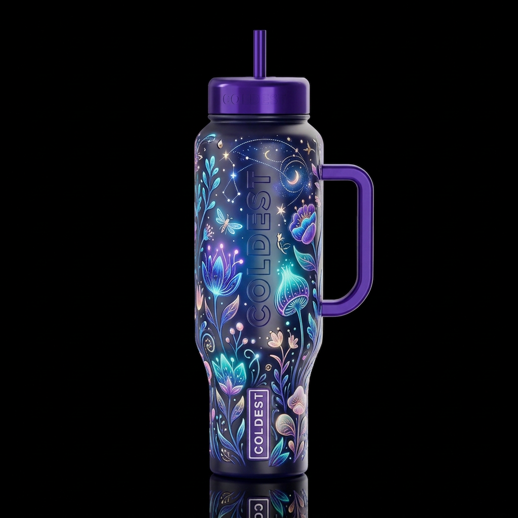 whimsical sketch, glossy, glowie, trompe-l'œil, be... water bottle design