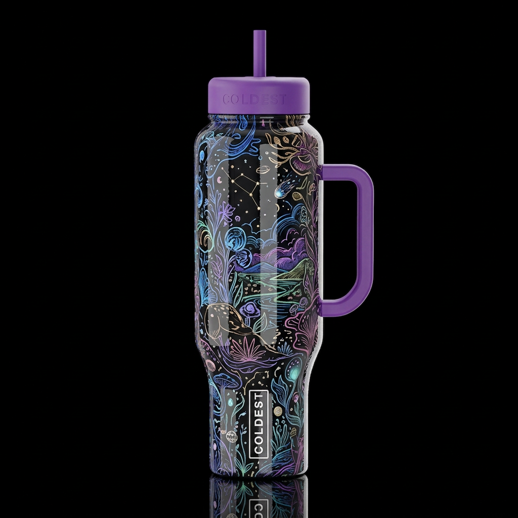 whimsical sketch, glossy, glowie, trompe-l'œil, be... water bottle design