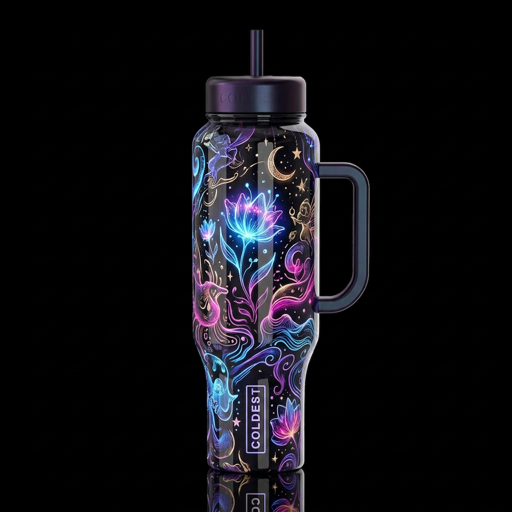 whimsical sketch, glossy, glowie, trompe-l'œil, be... water bottle design