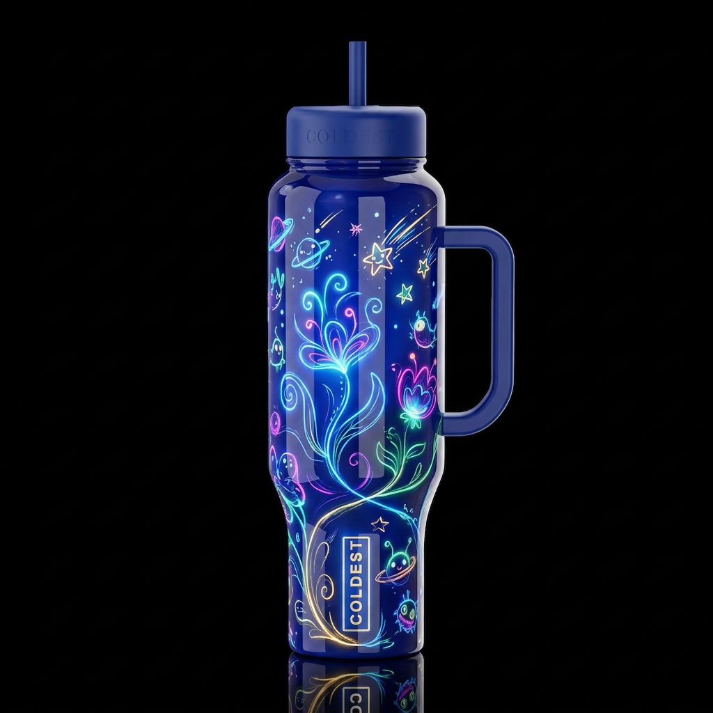 whimsical sketch, glossy, glowie, trompe-l'œil, be... water bottle design