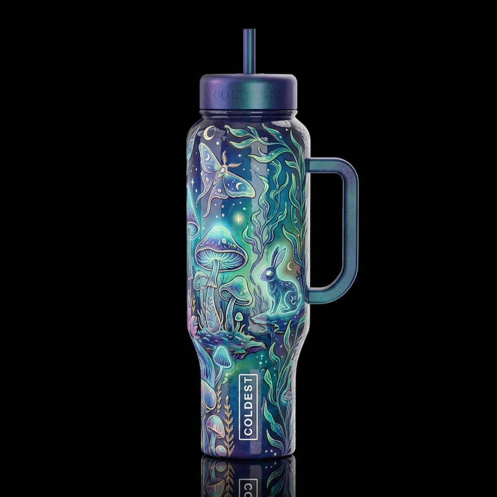 whimsical sketch, glossy, glowie, trompe-l'œil, be... water bottle design