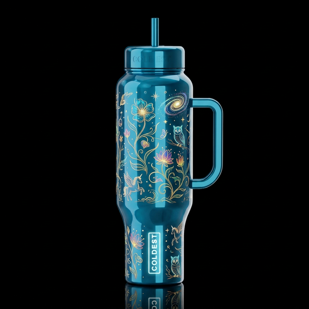 whimsical sketch, glossy, glowie, trompe-l'œil, be... water bottle design