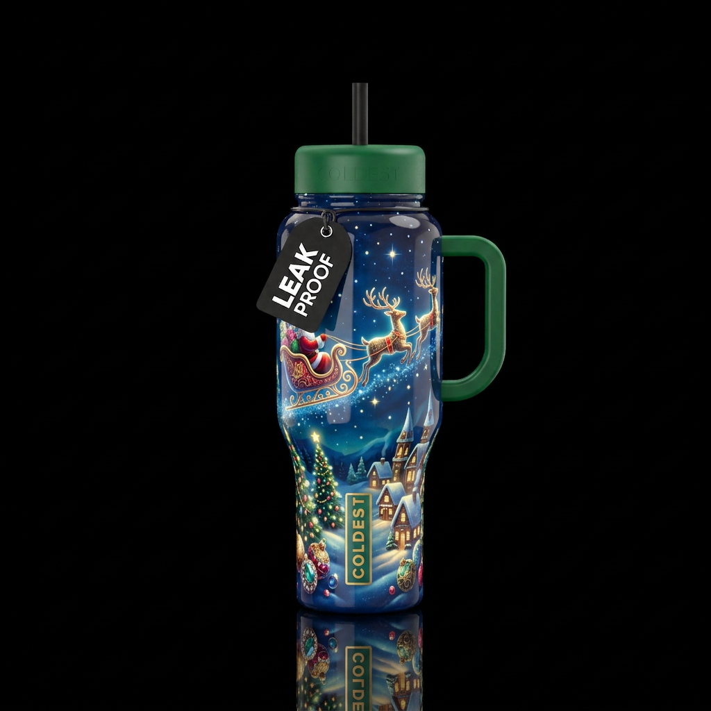Christmas night, glossy, glowie, trompe-l'œil, bea... water bottle design