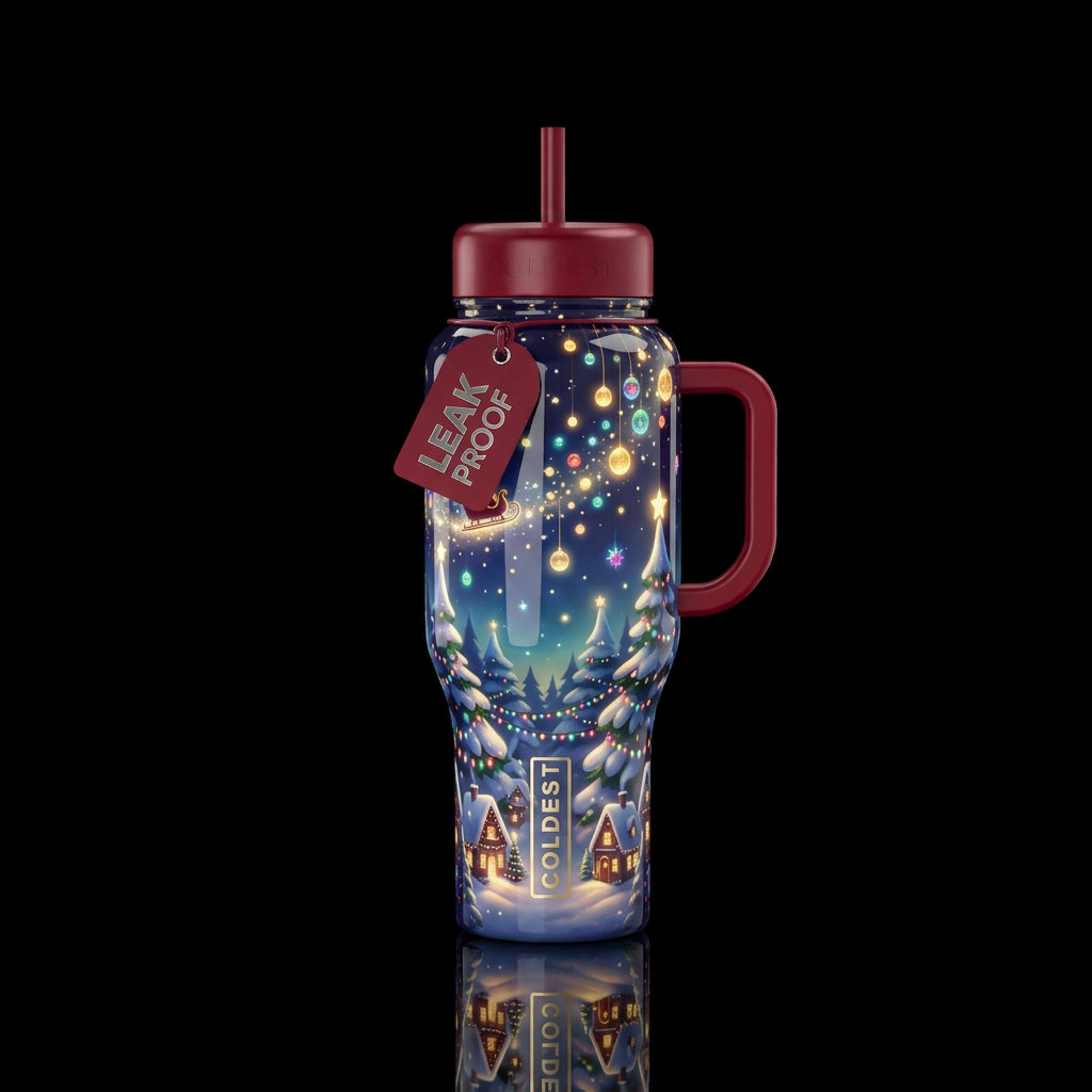 Christmas night, glossy, glowie, trompe-l'œil, bea... water bottle design