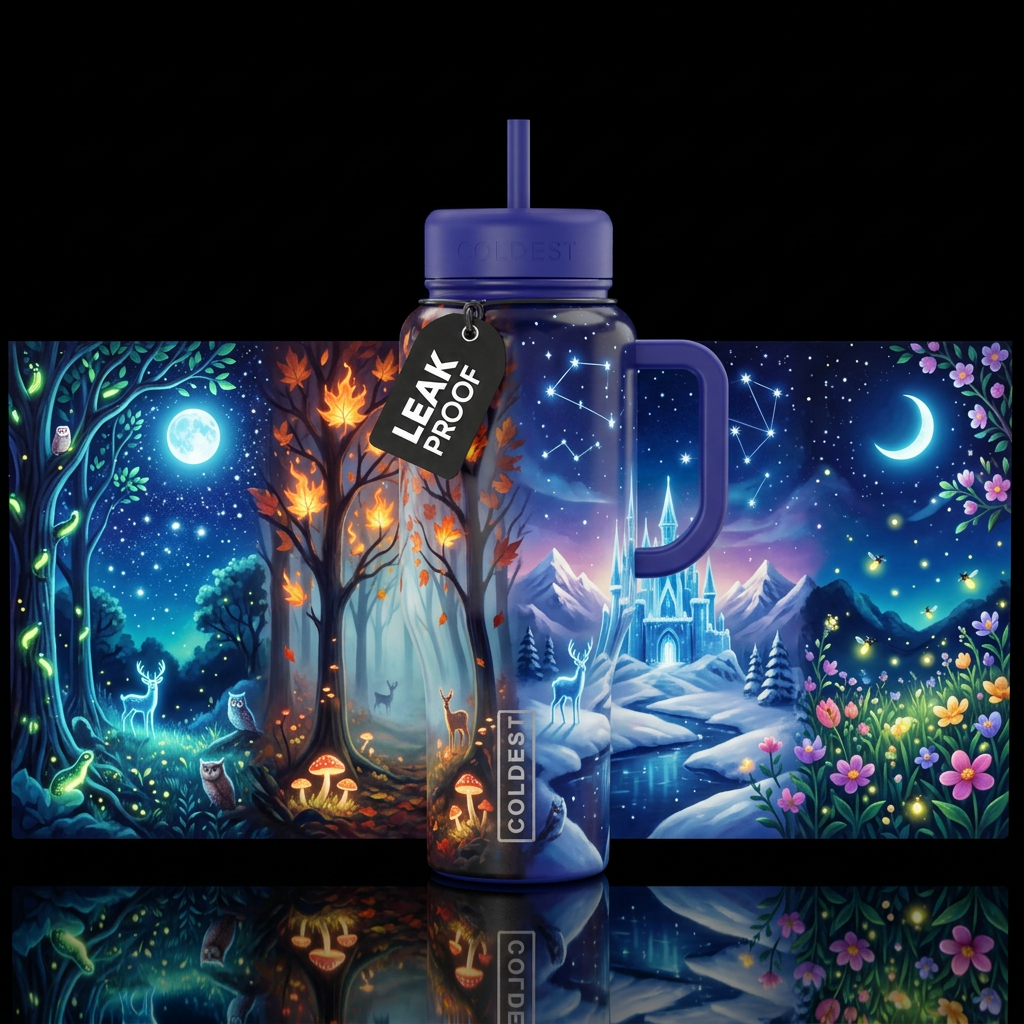 Changing seasons night, glossy, glowie, trompe-l'œ... water bottle design