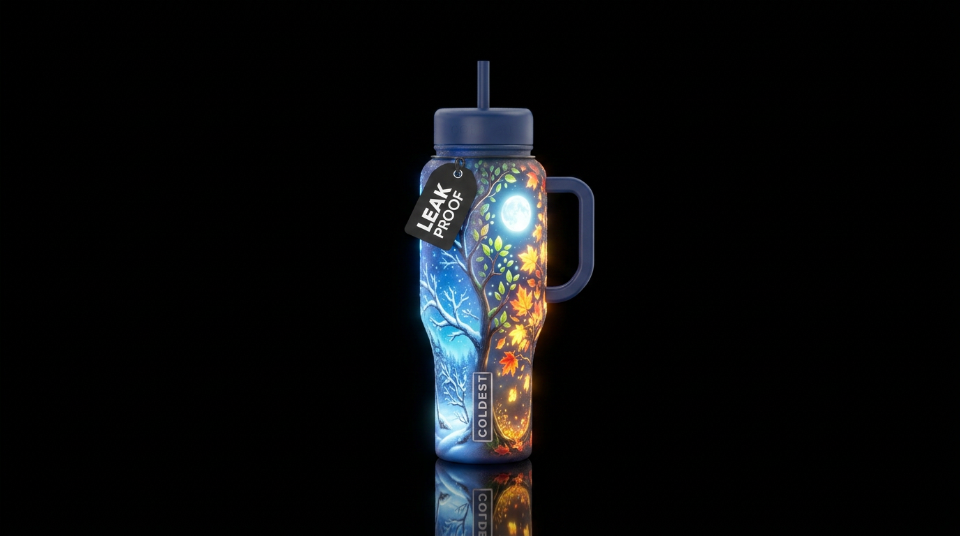 Changing seasons night, glossy, glowie, trompe-l'œ... water bottle design