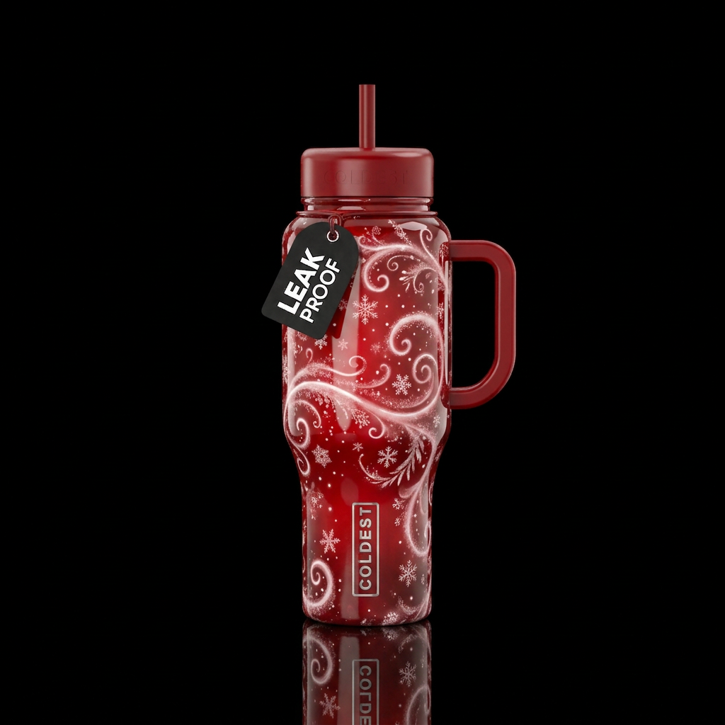 Red, Christmas snow accents, glossy, glowie, tromp... water bottle design
