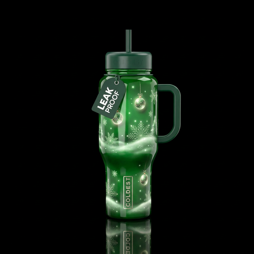 Green, Christmas snow accents, glossy, glowie, tro... water bottle design