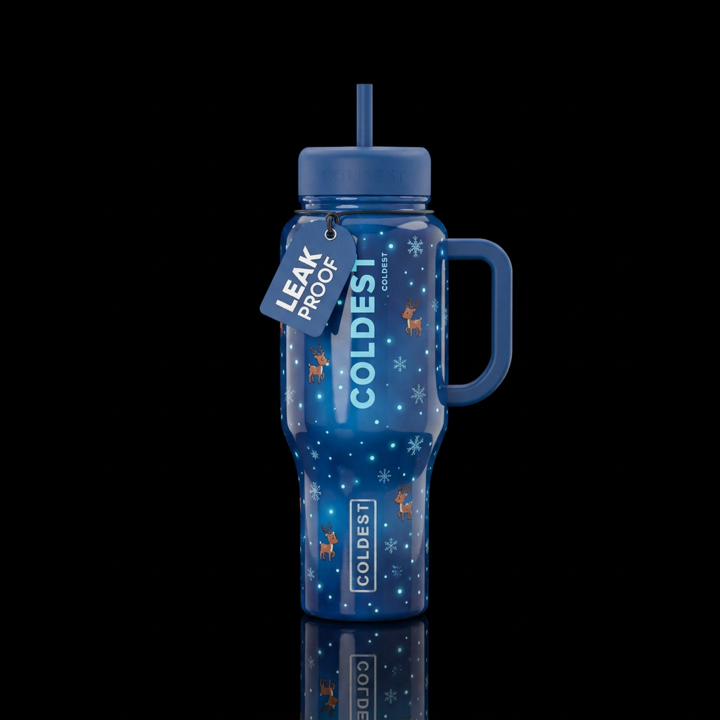 Blue, Christmas snow accents, glossy, glowie, trom... water bottle design