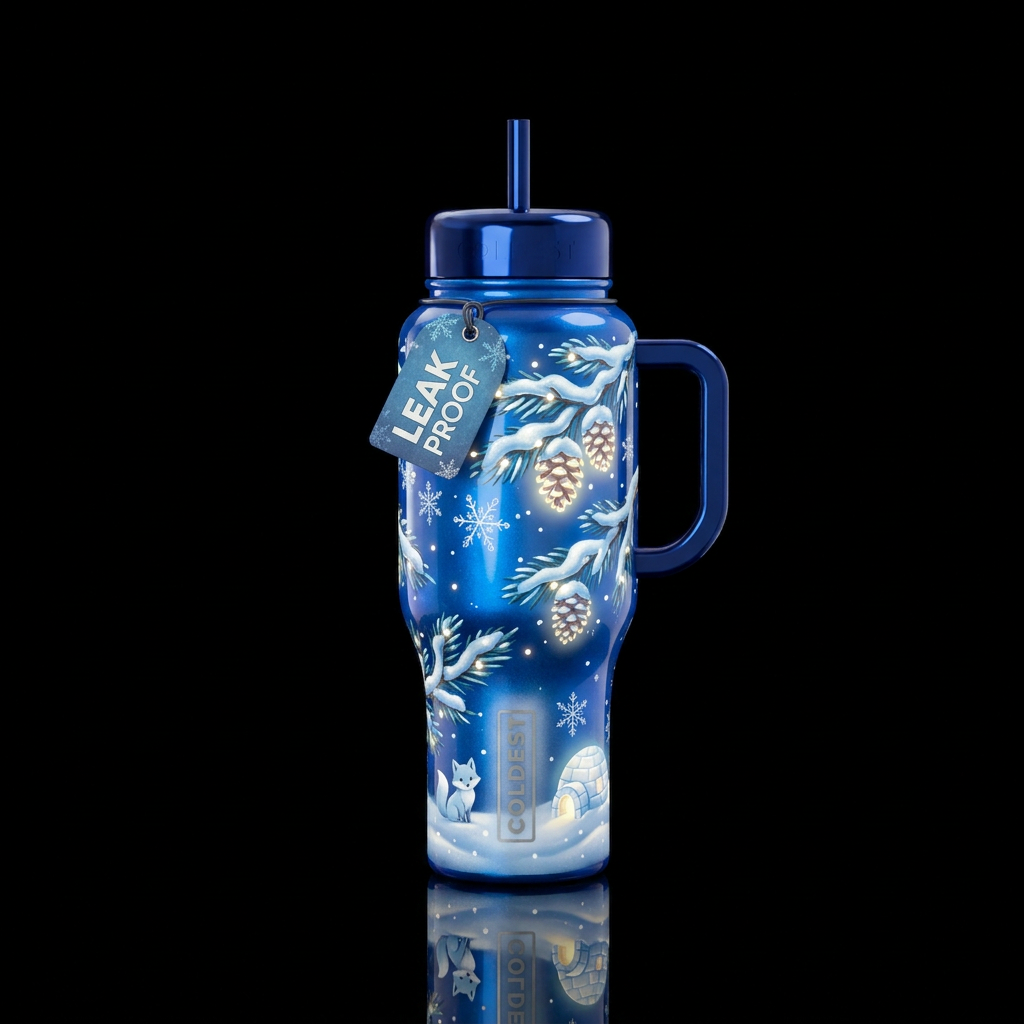 Blue, Christmas snow accents, glossy, glowie, trom... water bottle design